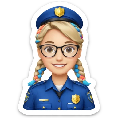 police officer woman with glasses, wearing uniform, braided hair sticker