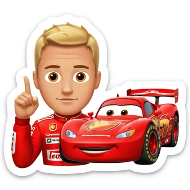 Ralf Schumacher pointing at Lightning McQueen sticker