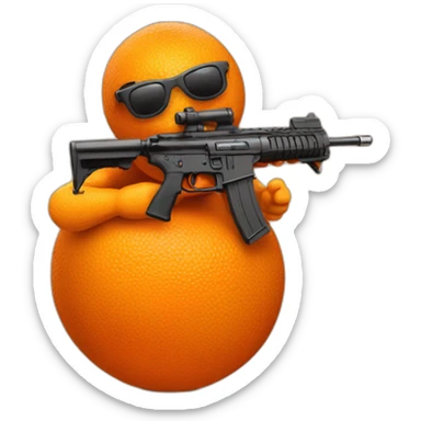 an orange with sunglasses and a machine gun, insist on the orange part sticker