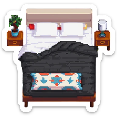 A comfortable bed with pillows and blanket sticker