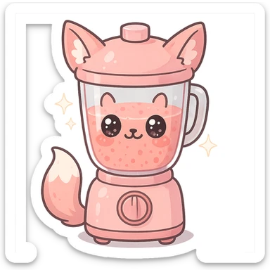 full-body kawaii pastel pink blender with fox features, transparent body filled with fruity smoothie, sparkling eyes, transparent background sticker