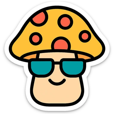 colorful icon of a mushroom with sunglasses and a smile sticker