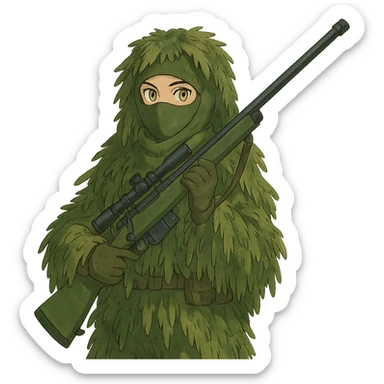 1 female, gold yellow eyes, face covered green balaclava, full military ghillie sniper camouflage, rifle up sticker