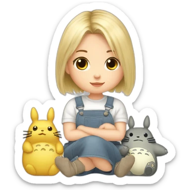 bébé fille blonde décoiffée assise avec une peluche Totoro  sticker