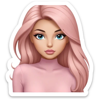 Glamours, tanned, very beautiful girl, with big pump peach-beige-rose lips, long long lashes, black straight smooth silky long hair, straight parting hair, blue-grey eyes in light pink long-sleeves bodysuit sticker