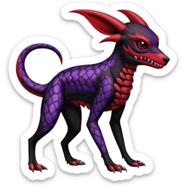 Gothic Black red purple Scaley Exotic Salandit-Umbreon-Noibat-Houndoom-Fakémon-hybrid-creature (full body), 4 legs, skull face mask sticker