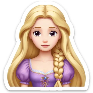 Cinematic Realistic Rapunzel Portrait, with porcelain-like skin featuring a subtle, natural glow, illuminated by soft lighting that brings out the gentle contours of her face. Her long, golden blonde hair cascades in detailed waves, each strand highlighted with a radiant shimmer as it catches the light. Her bright, expressive green eyes exude curiosity and warmth, framed by delicate lashes and soft, arched brows. Her expression is playful and vibrant, with a gentle smile. She is dressed in her classic lavender and pink gown, the fabric textured with delicate folds that flow naturally, catching the light with a soft, radiant glow. The portrait captures a luminous, enchanting aura, seamlessly blending realism with a whimsical, fairytale charm, evoking a timeless sense of beauty and magic. sticker