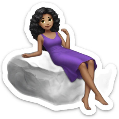 a girl black hair laying back on stone with purple dress sticker