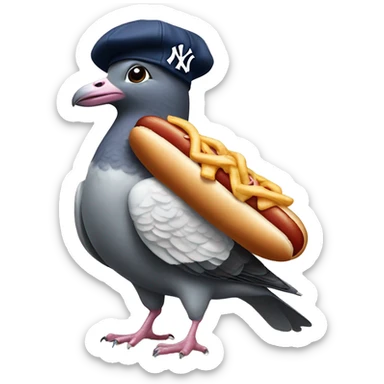 pigeon wearing New York yankee hat while standing on a hotdog sticker