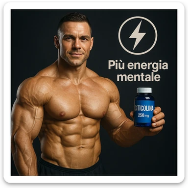 hyper realistic bodybuilder with Citicolina and energy symbol, well visible muscles, blue bottle, text 'Più energia mentale', motivational atmosphere, realistic details sticker