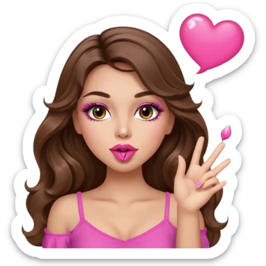 girl with long wavy brown hair, brown eyes, long lashes makeup, sexy pink lips, light to medium complexion, wearing a pink sexy top, blowing a kiss sticker