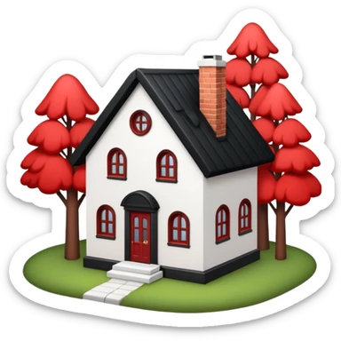 Dom parterowy z czarnym dachem i biała elewacją ze wstawkami z czerwonej cegły.Na drugim planie las. sticker