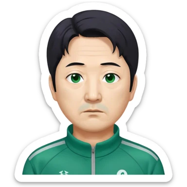 Park Ju-un is a middle-aged man, around 45 years old, green tracksuit, with tired eyes that carry the weight of a lifetime of struggles. His black hair, streaked with strands of gray, is unkempt and damp with sweat.

His face is gaunt, with deep wrinkles lining his forehead and around his mouth, evidence of years of stress and hardship. He wears the standard green Squid Game tracksuit (#369), but his jacket is slightly loose on his thin frame, and the collar is stained with sweat. His hands, slightly calloused from years of office work, tremble as he grips the small needle. sticker