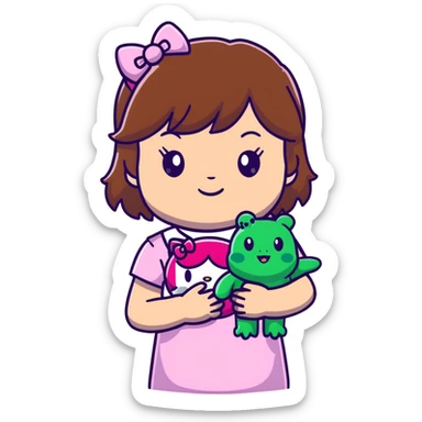 Cute cool girl with brown hair and bangs, and Brown eyes, wearing pink hello kitty and holding a frog stuffy  sticker