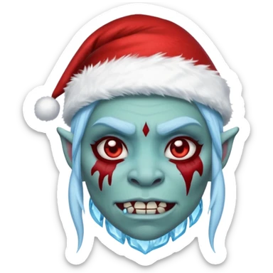 Fantasy orc portrait emoji, Santa Claus hat with icy texture, frozen scar glowing deep red against icy blue skin tones, primal winter survival theme, restrained detail, clean readable emoji style, female variant
 sticker