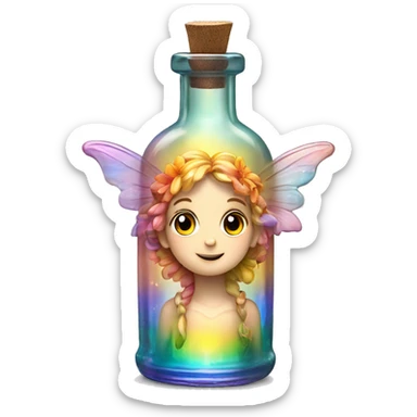 Antique oil bottle made of crystal glass of all gentle colors of the light rainbow, a living flower fairy sits at the bottom of the bottle sticker