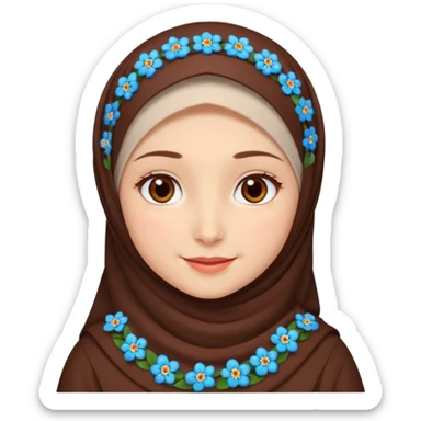 Turkish beautiful finish Konya girl brown eyes white skin with red blue green mini flowers hijab and brown islamic dress and smiles sticker