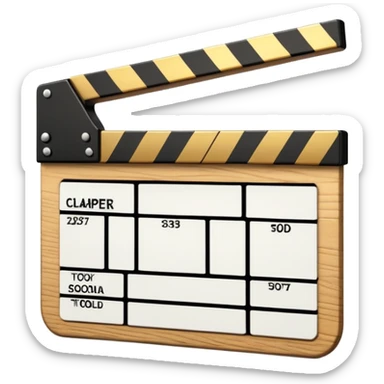 film clapper board with gold top section, white bottom section, and a bold diagonal line sticker