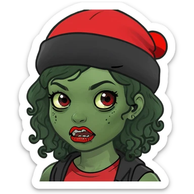 zombie girl with curly black hair and red streaks, memoji style, mysterious atmosphere sticker