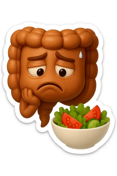 EMOJI STILE IPHONE DI UN INTESTINO UMANO ANATOMICO CHE GUARDA UN INSALATA CON ESPRESSIONE TRISTE E RASSEGNATA IN VOLTO: SOFFRE LA FAME PERCHé è A DIETA, FAGLI ANCHE LA PARTE BIANCA DEGLI OCCHI, NON SOLO LE PUPILLE, IPERREALISTICO 4K sticker