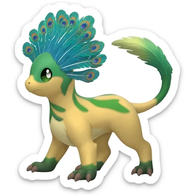  beautiful handsome gorgeous aesthetic colorful vibrant Vernid-Trico-species-Fakemon-creature by LiLaiRa, 4 legs, 1 tail, random markings, (full body) with a peacock-like-feather-headdress sticker