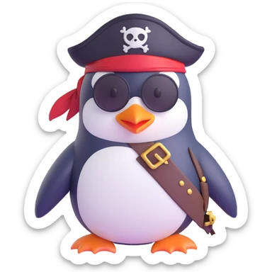 a penguin dressed as a pirate, with an eyepatch and pirate hat sticker