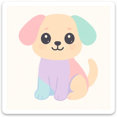 {
  "style_description": {
    "overall_look": "Cute, minimal, and soft with a friendly and playful tone",
    "material_simulation": {
      "primary_material": "flat digital color",
      "texture_detail": "smooth surfaces with no texture or shading",
      "pattern": "none or very simple decorative accents (e.g., hearts, stars)"
    },
    "geometry": {
      "edge_style": "rounded, soft curves with no sharp angles",
      "dimensionality": "flat two-dimensional appearance with simple shapes"
    },
    "color_palette": {
      "scheme": "pastel and light tones",
      "preferred_colors": ["pink", "mint", "lavender", "baby blue", "peach"],
      "contrast": "low contrast with bright accents"
    },
    "facial_features": {
      "eyes": "large, sparkly, often oval or circular",
      "mouth": "small, often a simple curve or dot",
      "expression": "joyful, innocent, or calm"
    },
    "lighting": {
      "type": "none or implied with soft highlights",
      "purpose": "maintain a clean and cheerful look"
    },
    "render_constraints": {
      "avoid": ["realistic shading", "high detail", "dark themes", "texture noise"],
      "focus_on": ["cute expression", "iconic simplicity", "emotional warmth"]
    },
    "background": {
      "color": "white or soft pastel",
      "style": "plain or patterned with simple icons (e.g., polka dots, stars)",
      "lighting_consistency": "no shadows, evenly lit feel"
    }
  }
}

{subject} = dog sticker