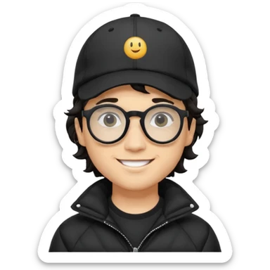 Young man wearing a black puffer jacket, black baseball cap, round black glasses, wavy hair peeking out from under the cap, smiling
 sticker