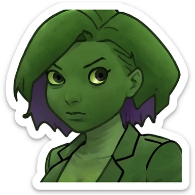 Man with stylish green jacket and purple hair, strong pose, bold expression, modern clothing style sticker