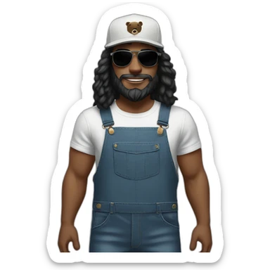 White man with a black bear, long hair, a cap, dungarees and cool sunglasses sticker