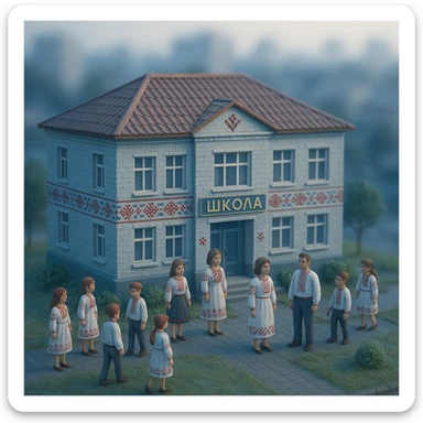 3D tilt-shift diorama of a Ukrainian school, embroidery motif, featuring students and teachers. Cool morning light, dreamy and calm mood, blurred cityscape background. sticker