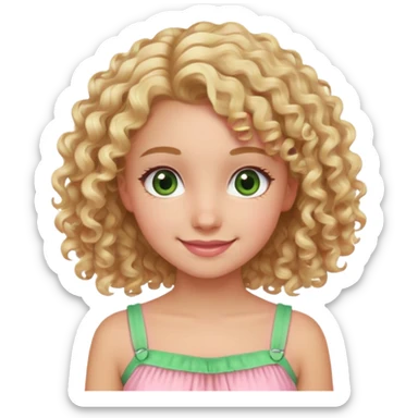 smiling girl with blonde curly hair and brown/Green eyes in a pink summer dress sticker