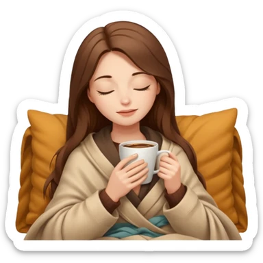 long brown hair woman closed eyes covered with cozy beige blanket, holding cup of coffee, autumn mood sticker