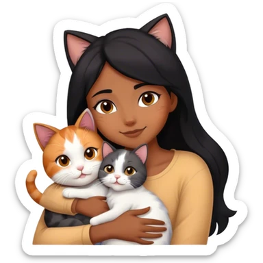 happy black haired girl hugging three cats  (carey cat, gray cat, white brown cat) sticker