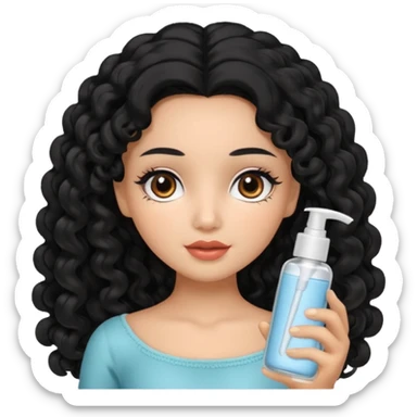 Uma boneca morena com olhos castanhos e cabelo cacheado longo preto, fazendo skin care sticker