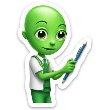 a green alien in school uniform writing on a whiteboard sticker