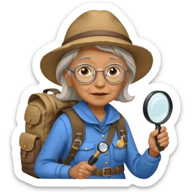 Explorer old woman with magnifying glass and backpack, portrait sticker