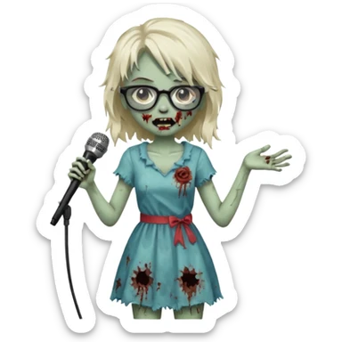 singer, Zombie girl, super happy, wearing dress, holding mic, glasses sticker