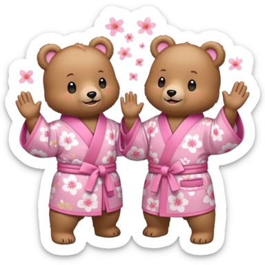 Two cute light-brown bears wearing pastel pink sakura-patterned kimonos, normal balanced body ratio.  
Facing each other and giving a joyful high-five with happy smiling faces and small spark effects.  
Kawaii emoji style, minimalistic clean sticker illustration, white background. sticker