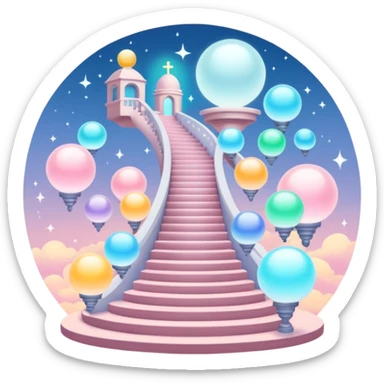 surreal heaven featuring glowing orbs, floating staircases, and ethereal beings sticker