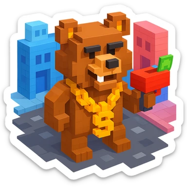 Russian grizzly bear with a rapper chain and a money gun, standing in a city alley sticker