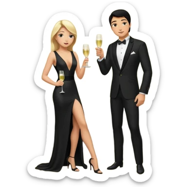 Blonde woman, black, Long, tight, sleveless Dress, Slot left Leg, man, DARK Hair, in Dinner jacket, Background bedroom, drinking champaign sticker