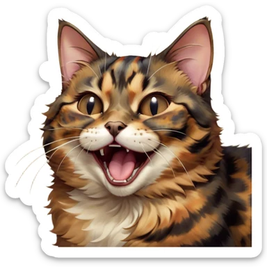 Cinematic Cute Yawning Tortoiseshell Cat Portrait Emoji, Head slightly tilted with a wide, adorable yawn and half-closed, dreamy eyes, featuring a warm, mottled fur of rich browns and blacks, simplified yet irresistibly cute, highly detailed, glowing with a soft, slumbering radiance, high shine, exuding a relaxed, drowsy charm, styled with a gentle, soft glowing outline, capturing the essence of a tortoiseshell cat in a precious moment of sleepy delight! sticker