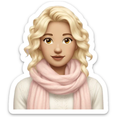 pretty blonde white woman with vanilla girl vibes, wearing a white lace shirt with a soft pastel pink winter scarf and her hair is decorated with soft pastel sweet vibes ribbon sticker