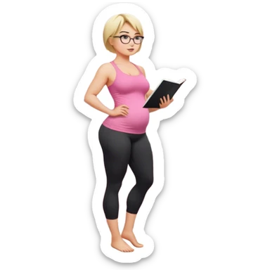 Full body view from the side, fair skinned woman, curvy, short blond hair, small reading glasses, cooking dinner in kitchen, pink loose tank top, showing natural B cup breast shape SFW, black yoga pants, large curvy booty sticker