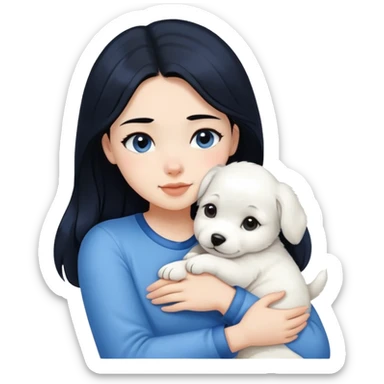 One black hair girl in velvet blue shirt hugging pure white puppy sticker