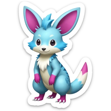Shiny smooth silky soft Cyan-Magenta Minccino-Zeraora-Emolga-Vernid-Sergal-fusion-hybrid-animal-creature, full body sticker