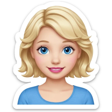 Girl Blonde short wavy hair,  blue eyes, cute blue top, long lashes, pink lips, 👄 big smile  sticker