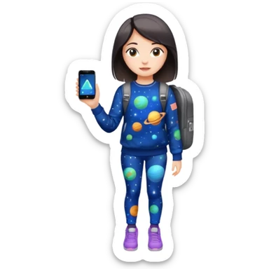 girl wearing space-printed leggings, space-printed sweatshirt, holding a space-printed backpack and a space-printed phone sticker