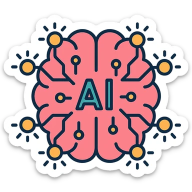 AI brain icon with glowing circuits, techy style sticker